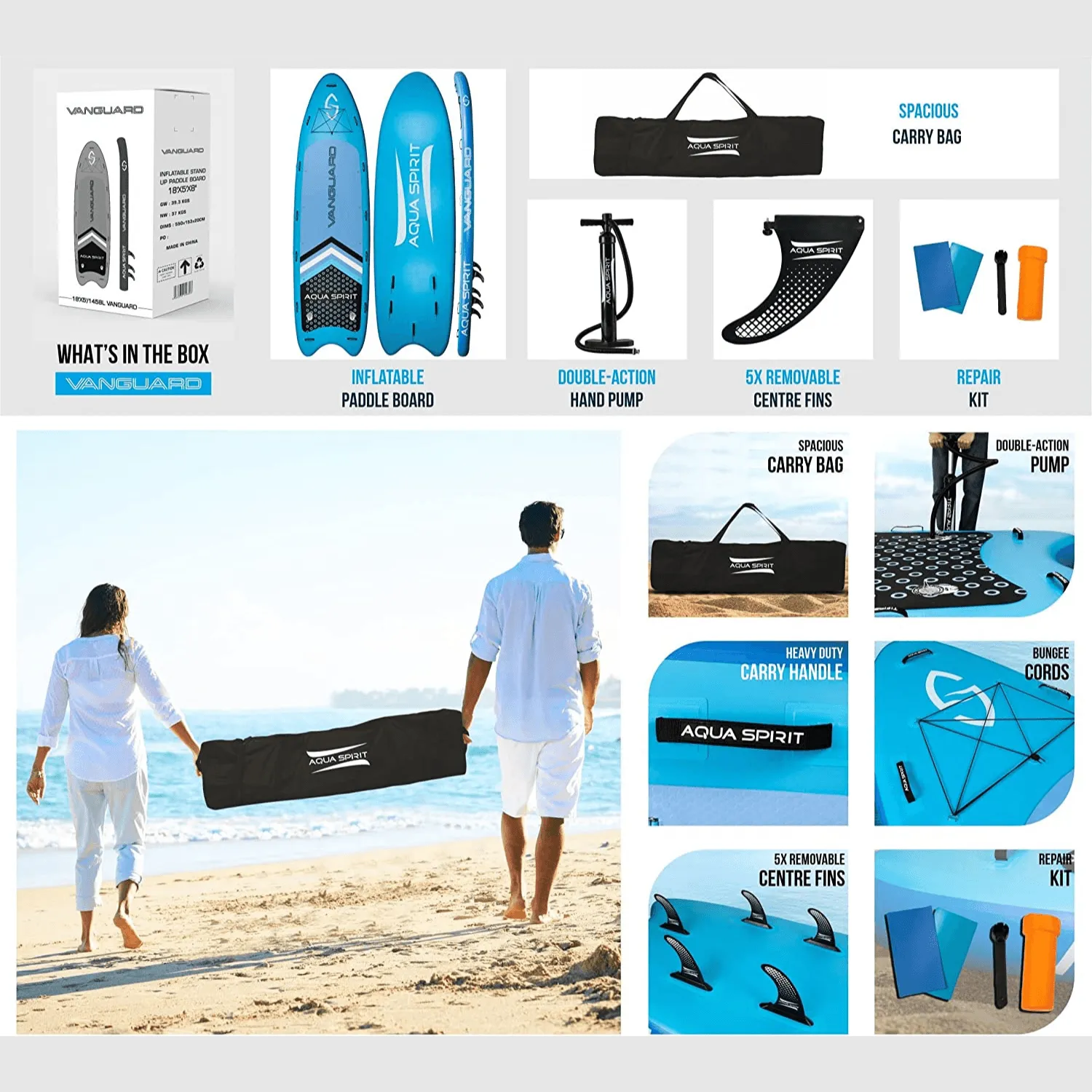 Aqua Spirit Vanguard Family Inflatable SUP for Group Adventures, 18' x 5’ x 8” with Carry Bag, Double-Action Pump And More Accessories, Up To 10 Person, 500KG Limit,  3 Years Extended Brand Warranty