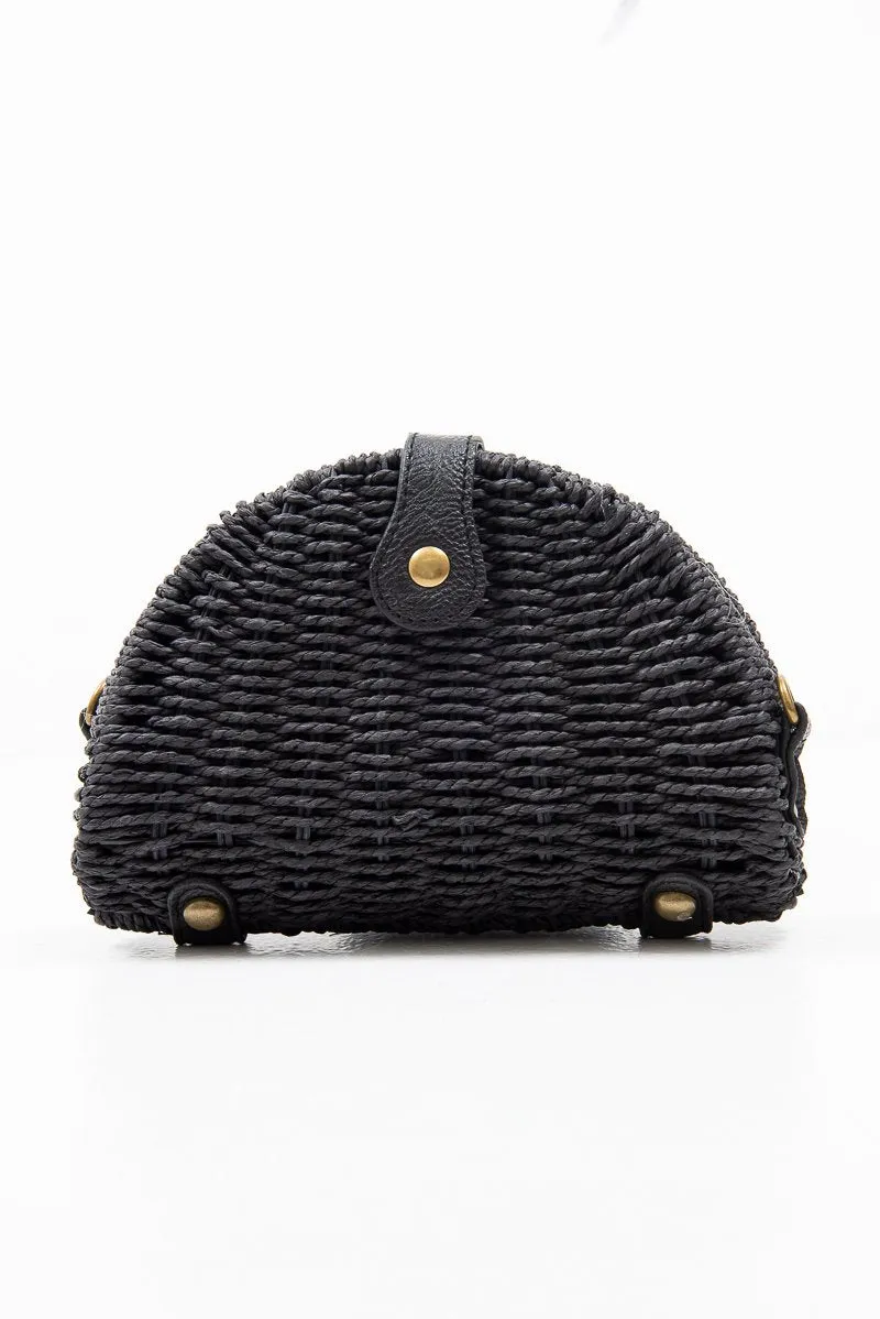 Black Woven Faux Leather Detail Semi Circle Bag - Devyn