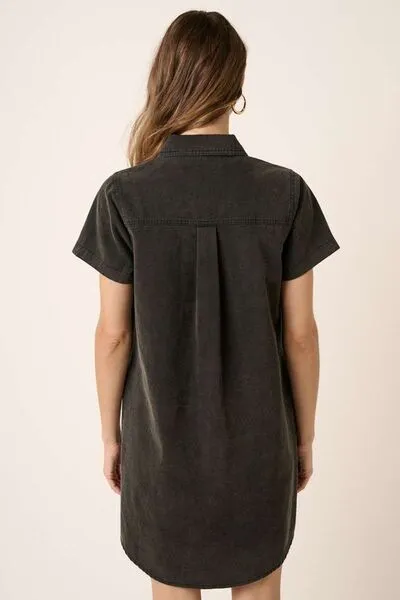 Button Detail Collared Neck Short Sleeve Shirt Mini Dress