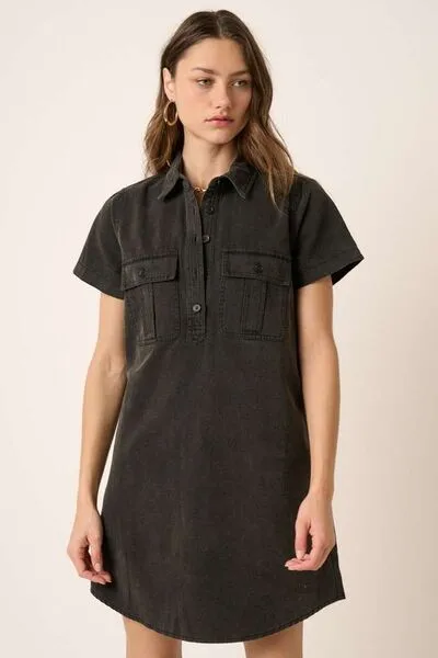 Button Detail Collared Neck Short Sleeve Shirt Mini Dress