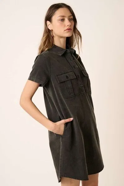 Button Detail Collared Neck Short Sleeve Shirt Mini Dress