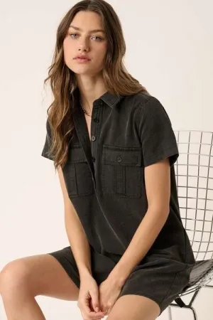 Button Detail Collared Neck Short Sleeve Shirt Mini Dress