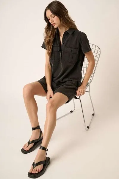 Button Detail Collared Neck Short Sleeve Shirt Mini Dress
