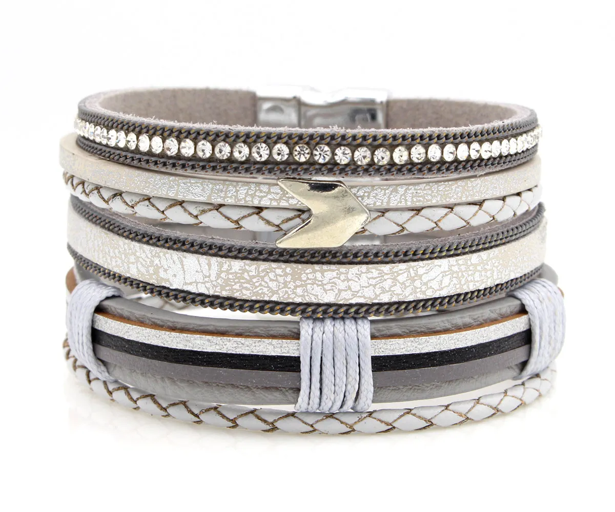 Chevron Arrow Multirow Gray Leather Bracelet