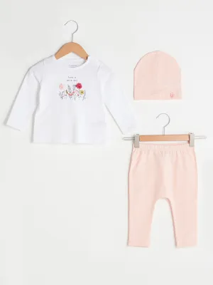 Crew Neck Long Sleeve Printed Cotton Baby Girl 3-Piece Set