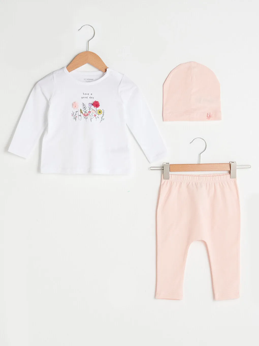 Crew Neck Long Sleeve Printed Cotton Baby Girl 3-Piece Set