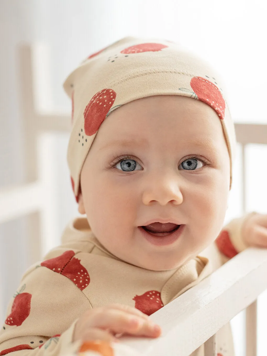 Crew Neck Long Sleeve Printed Organic Cotton Baby Boy Overalls and Beanie Set of 2