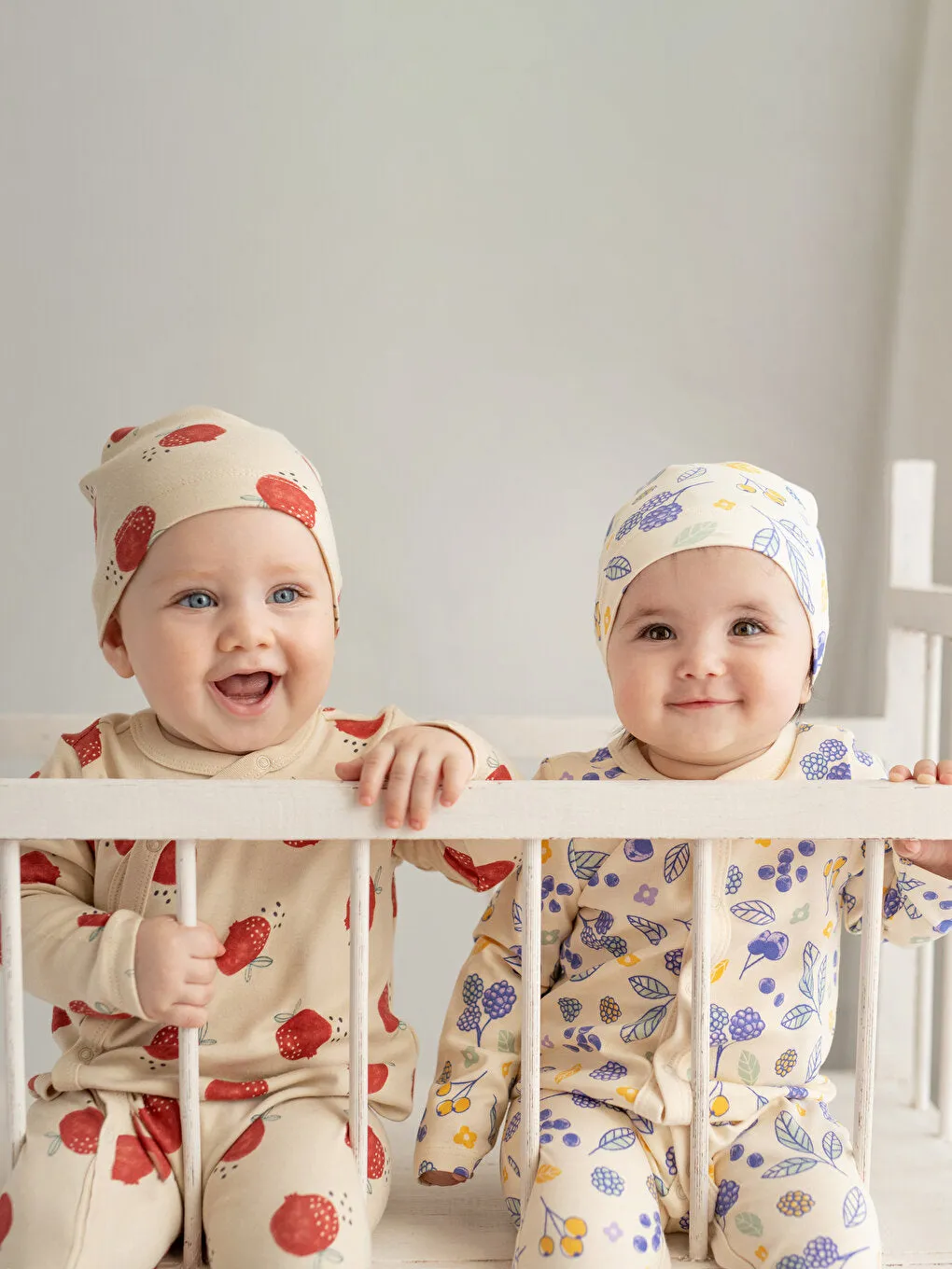 Crew Neck Long Sleeve Printed Organic Cotton Baby Boy Overalls and Beanie Set of 2