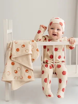 Crew Neck Long Sleeve Printed Organic Cotton Baby Boy Overalls and Beanie Set of 2