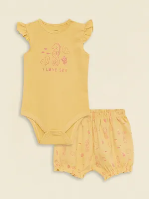 Crew Neck Printed Organic Cotton Baby Girl Snap-On Bodysuit and Shorts 2-Piece Set