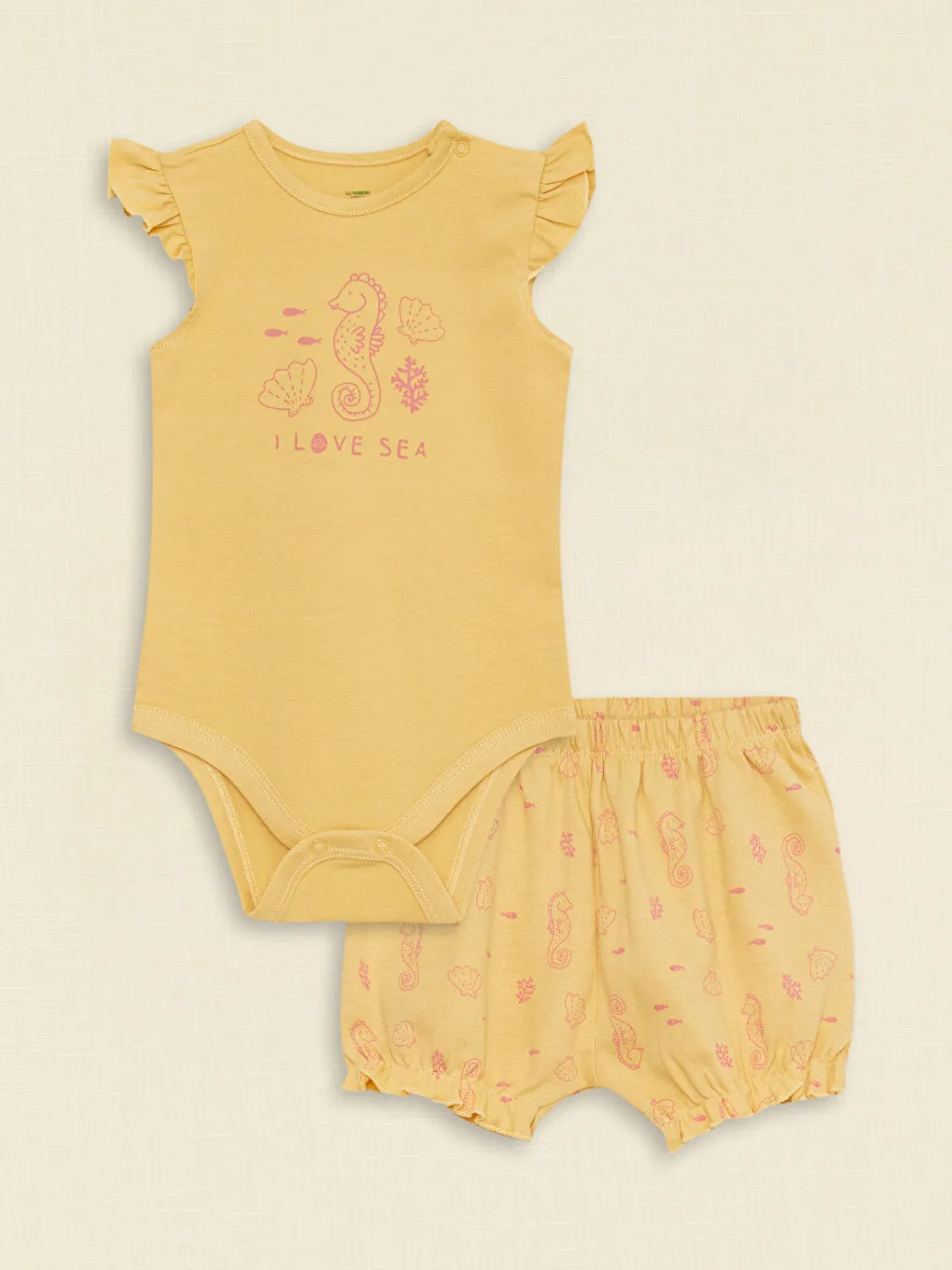 Crew Neck Printed Organic Cotton Baby Girl Snap-On Bodysuit and Shorts 2-Piece Set