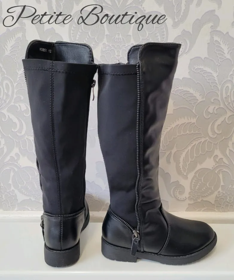 Girls black zip design knee high boots