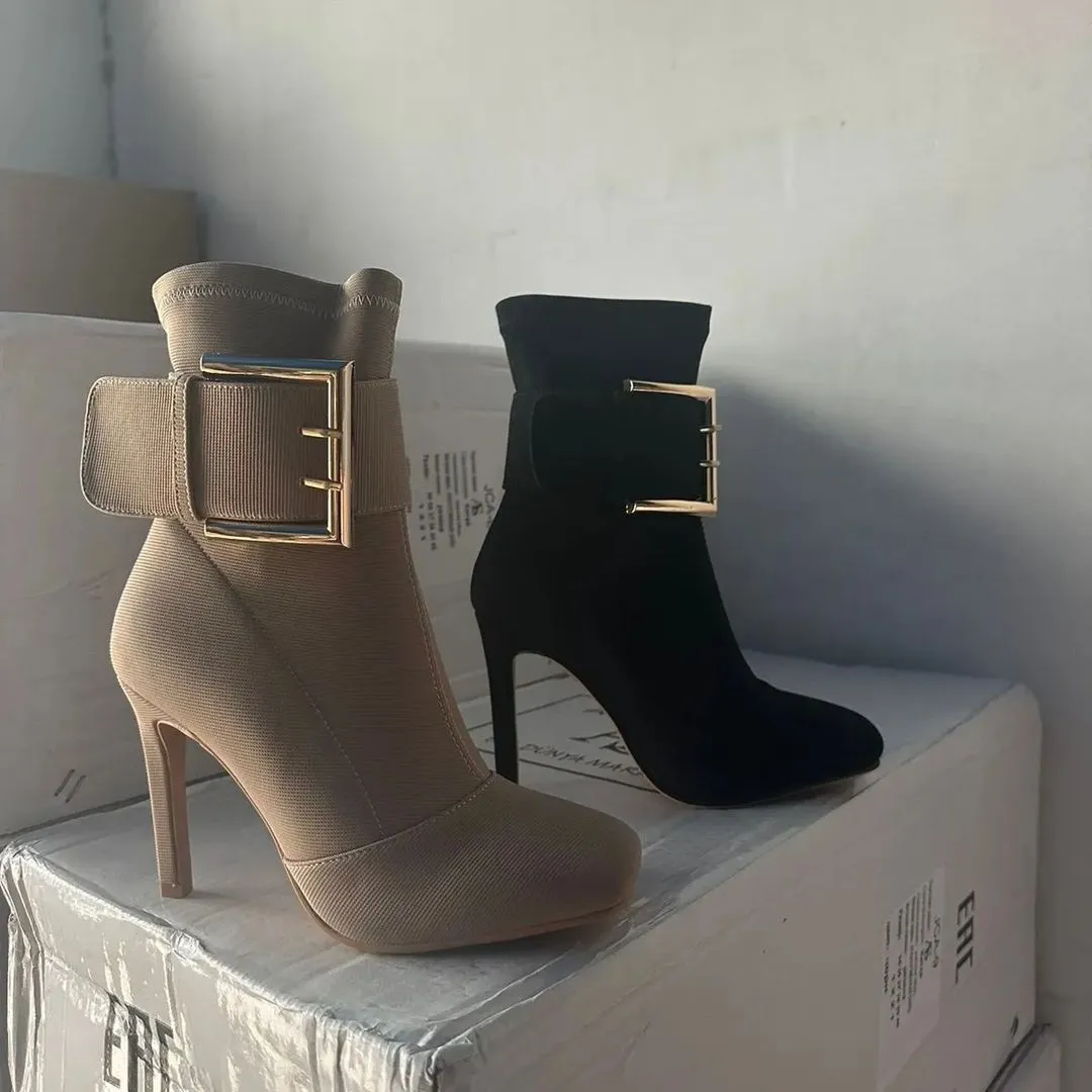 Gold buckle high heel nude boots