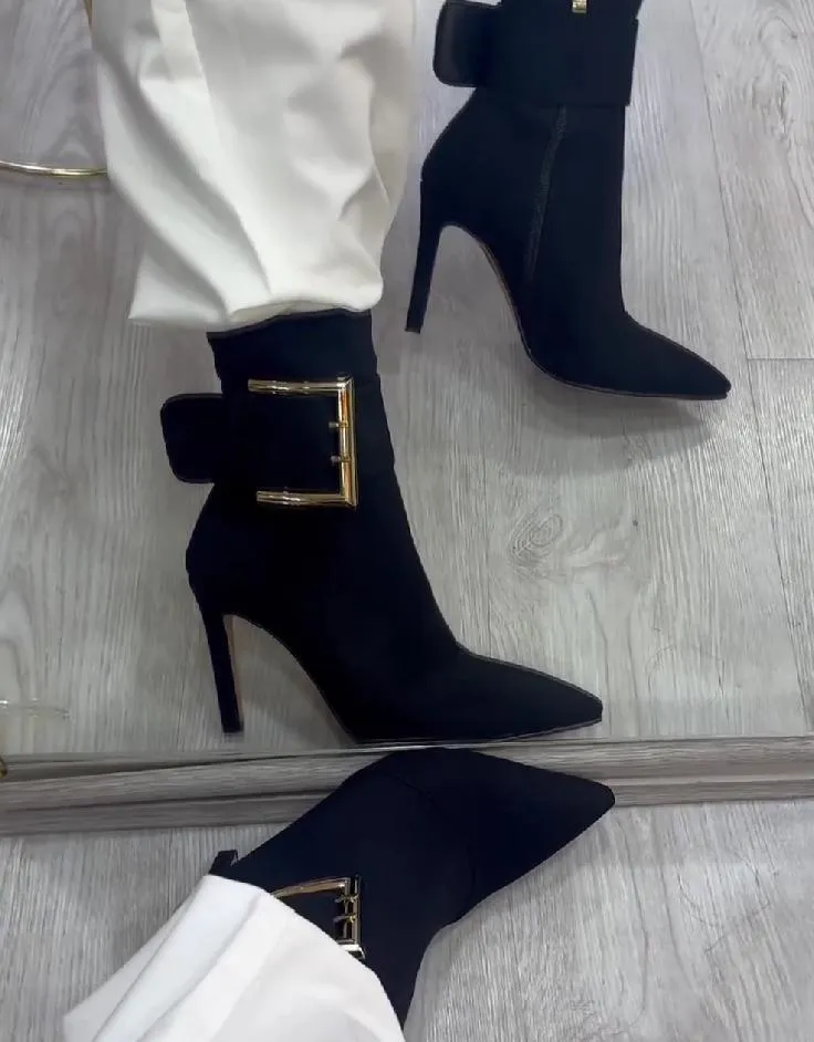 Gold buckle high heel nude boots