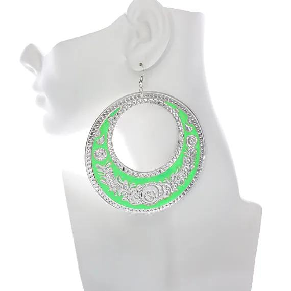 Green Large Texture Design Hoop Earrings