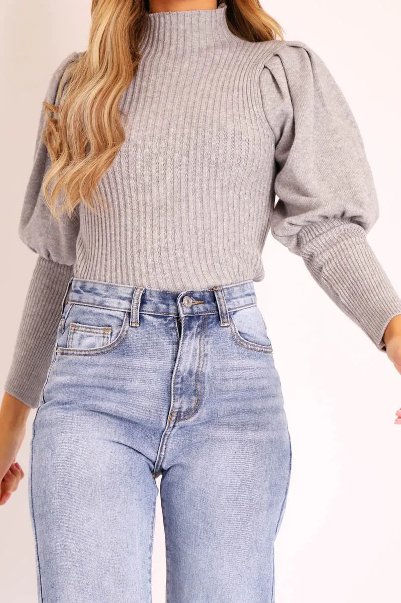 Grey High Neck Balloon Sleeve Jumper - Harriet