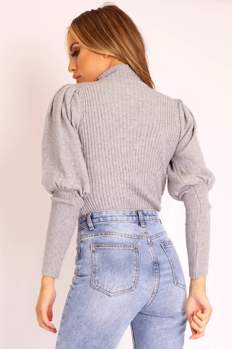Grey High Neck Balloon Sleeve Jumper - Harriet
