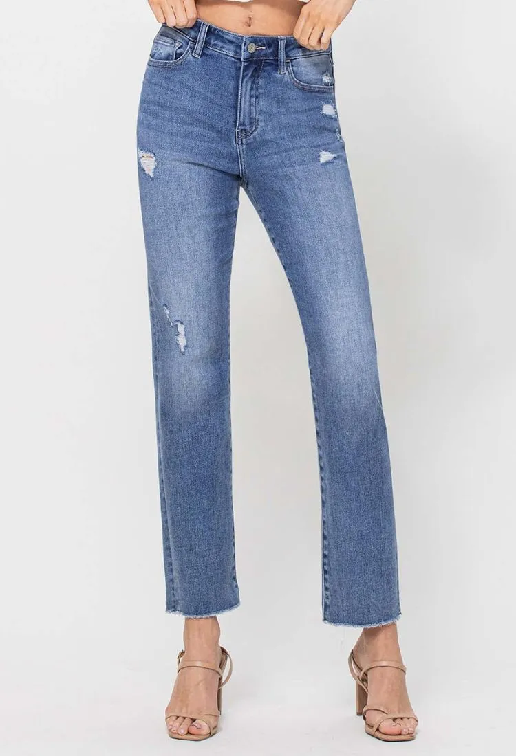 High Rise Straight Leg Distressed Jeans