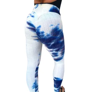 High Waist Tie Dye Butt Lifting Textured Workout Leggings (Blue/White)