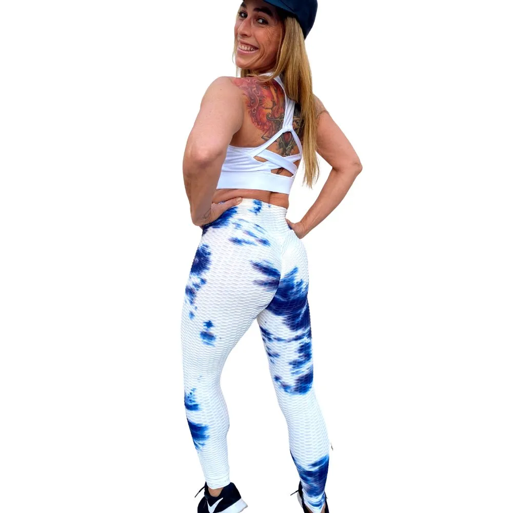 High Waist Tie Dye Butt Lifting Textured Workout Leggings (Blue/White)