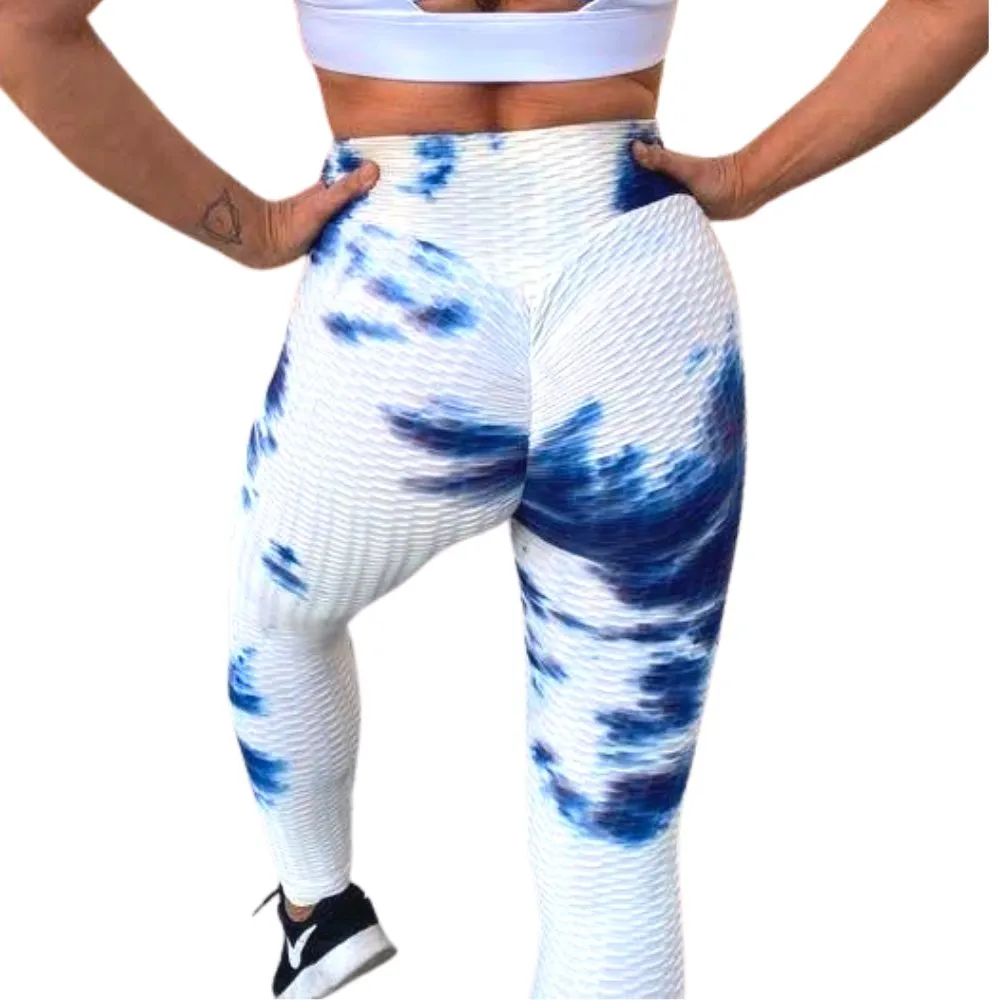 High Waist Tie Dye Butt Lifting Textured Workout Leggings (Blue/White)