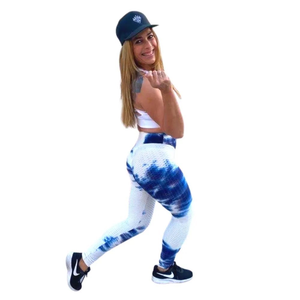 High Waist Tie Dye Butt Lifting Textured Workout Leggings (Blue/White)