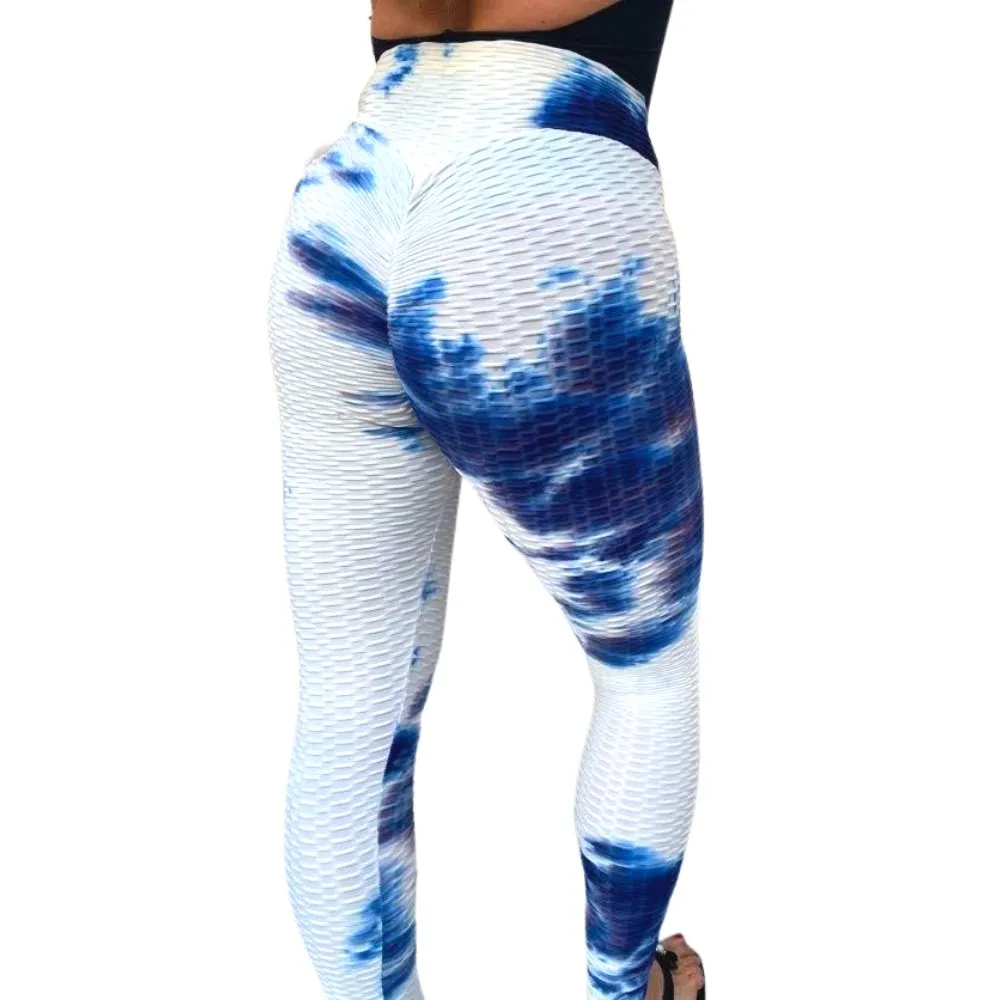 High Waist Tie Dye Butt Lifting Textured Workout Leggings (Blue/White)