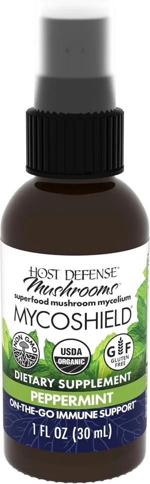 Host Defense MycoShield Throat Spray - Immune Health Support - Dietary Mushroom Supplement with Chaga, Reishi, Turkey Tail & More - On-The-Go Immune Support - Peppermint, 1 fl oz (71 Servings)*