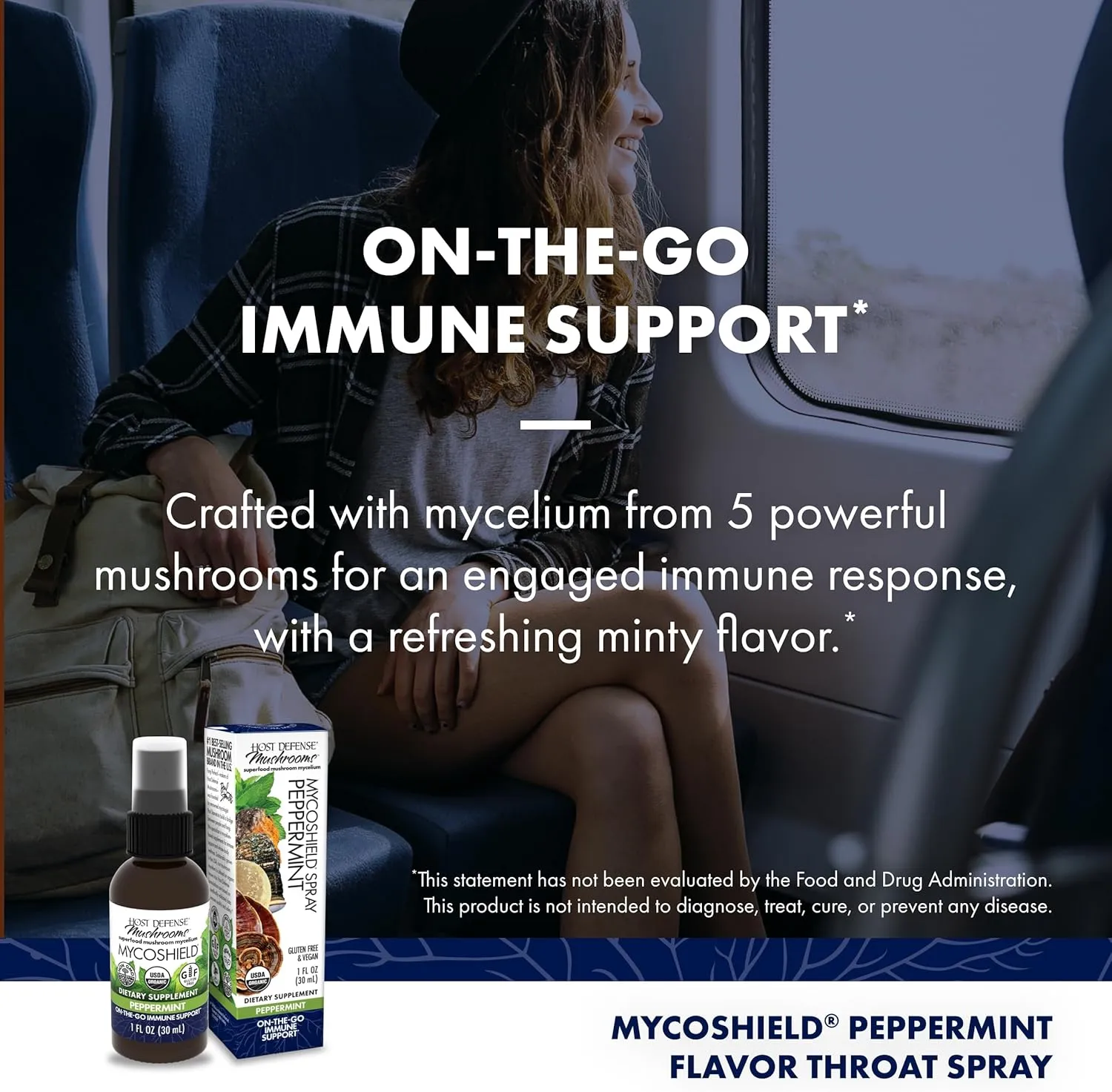 Host Defense MycoShield Throat Spray - Immune Health Support - Dietary Mushroom Supplement with Chaga, Reishi, Turkey Tail & More - On-The-Go Immune Support - Peppermint, 1 fl oz (71 Servings)*