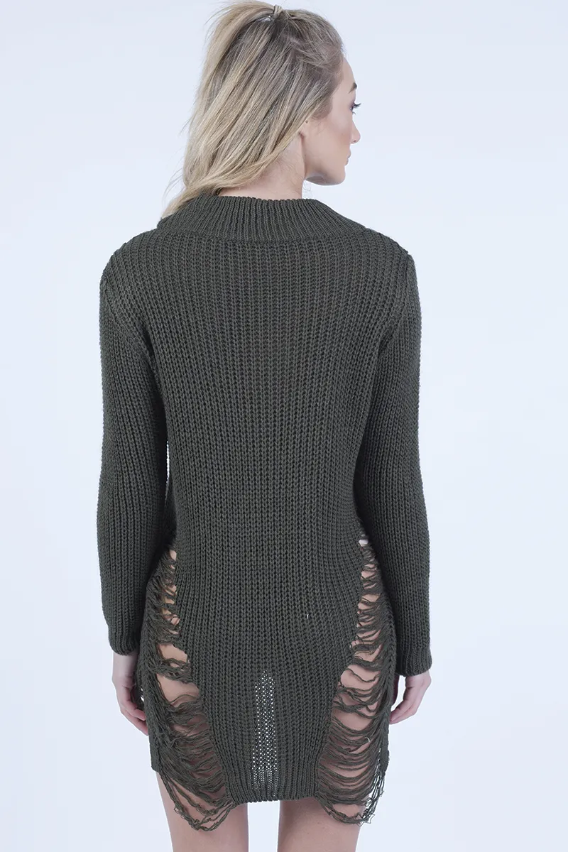 Khaki High Neck Cut Out Distressed Jumper Dress - Adalyn