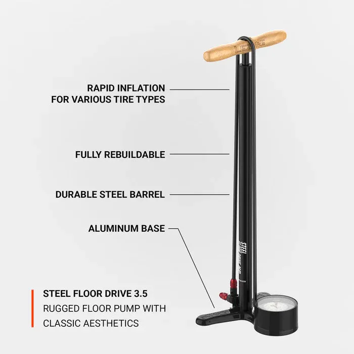 Lezyne Steel Floor Drive 3.5" Pump Flat Black, Wooden Handle