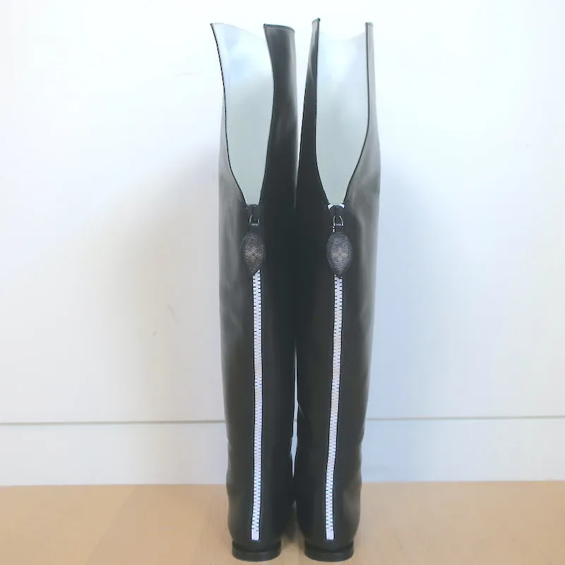 Louis Vuitton Thigh High Flat Boots Black & White Leather Size 38