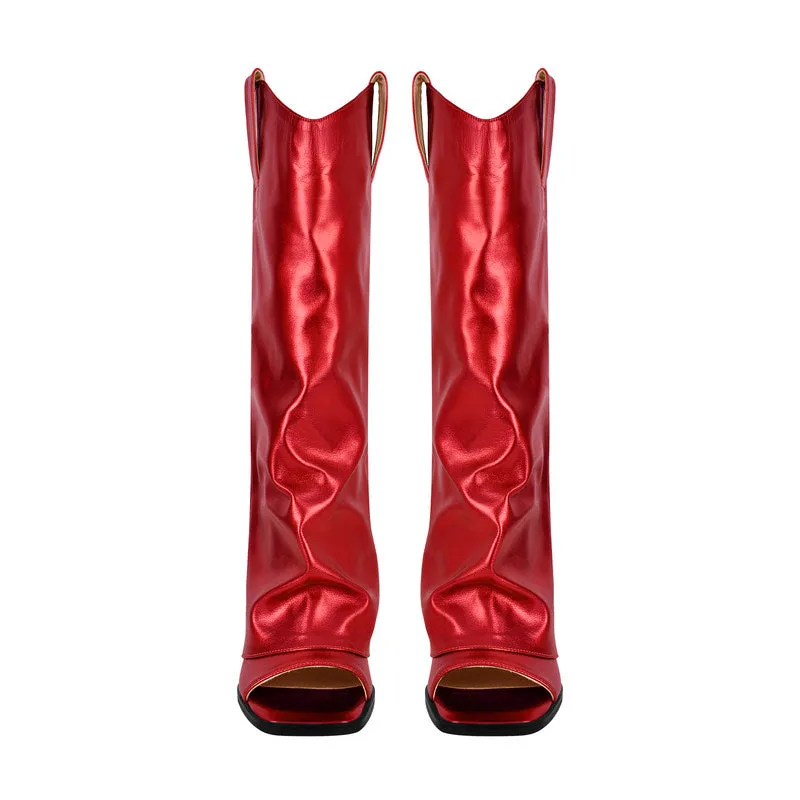 Metallic Open Toe Wedge Heel Boots