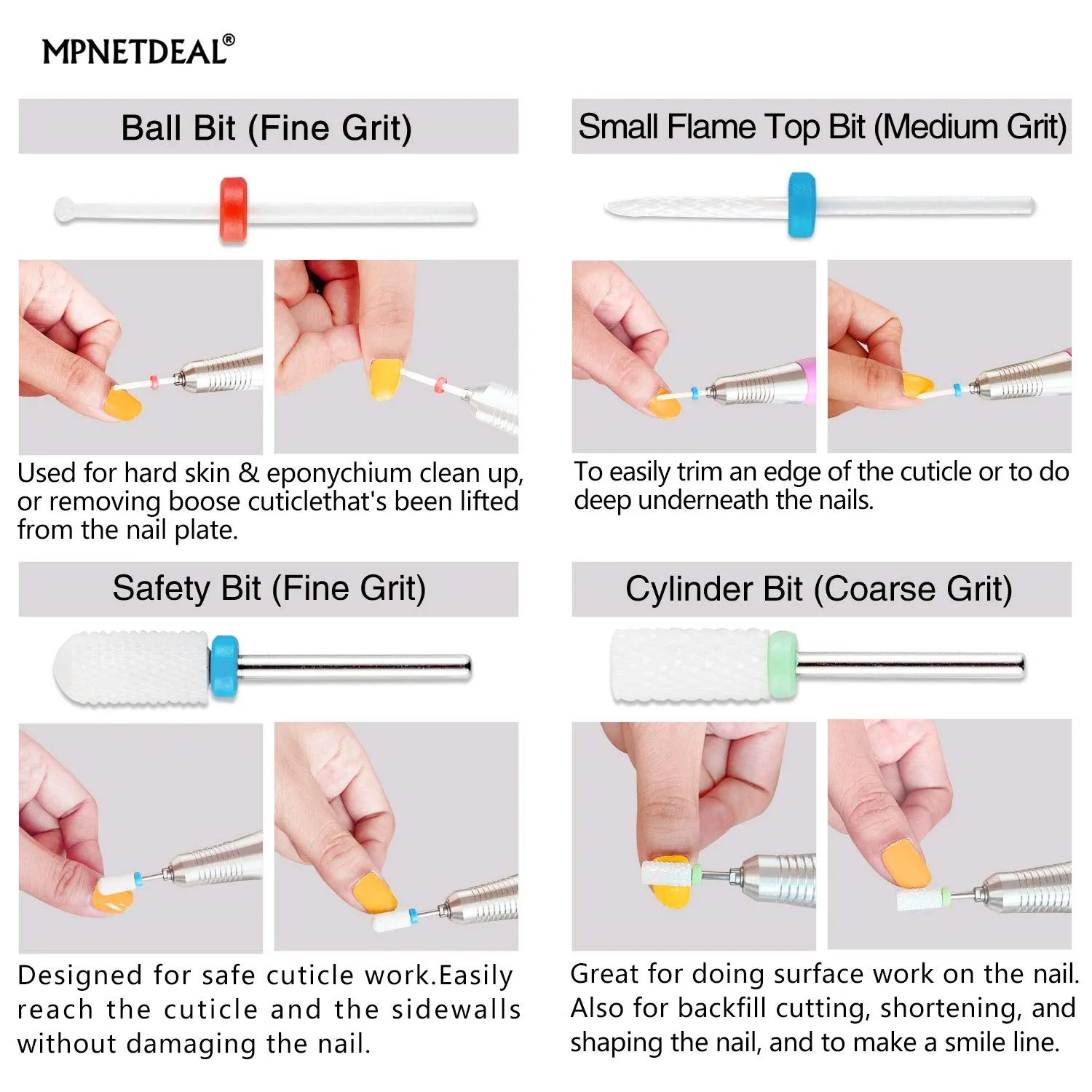 MPNETDEAL Ceramic Nail Drill Bits Set 7Pcs, Durable Less Dust, 3/32 inch for Acrylic Gel Nails Cuticle Manicure, Professional Acrylic Nail File Drill Bit