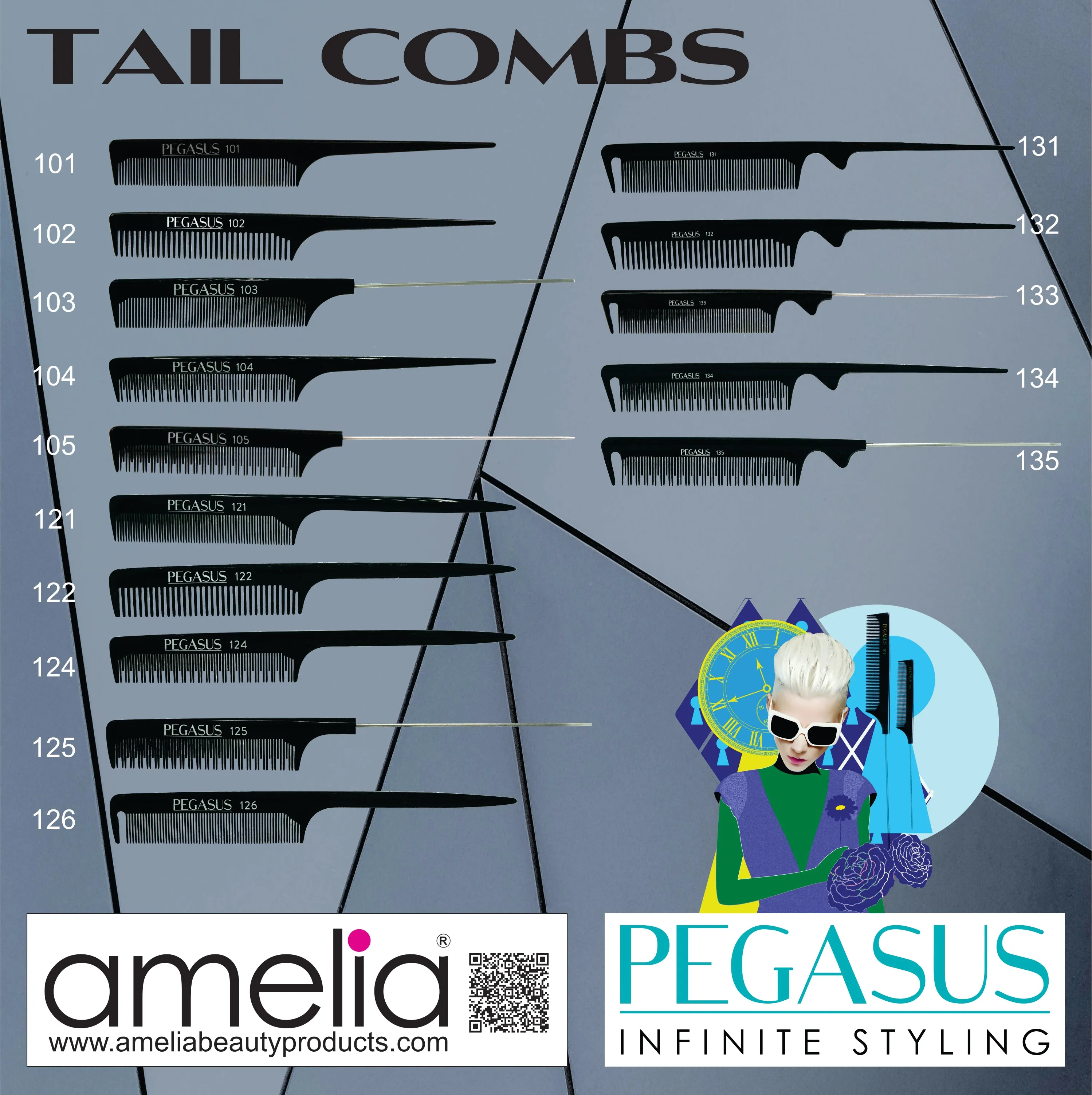 Pegasus 103, 9.5in Hard Rubber Fine Tooth Pintail Comb, Smooth Edges, Anti Static, Heat and Chemically Resistant, Stainless Steel Pin, Great for Parting, Coloring Hair | Peines de goma dura - Black