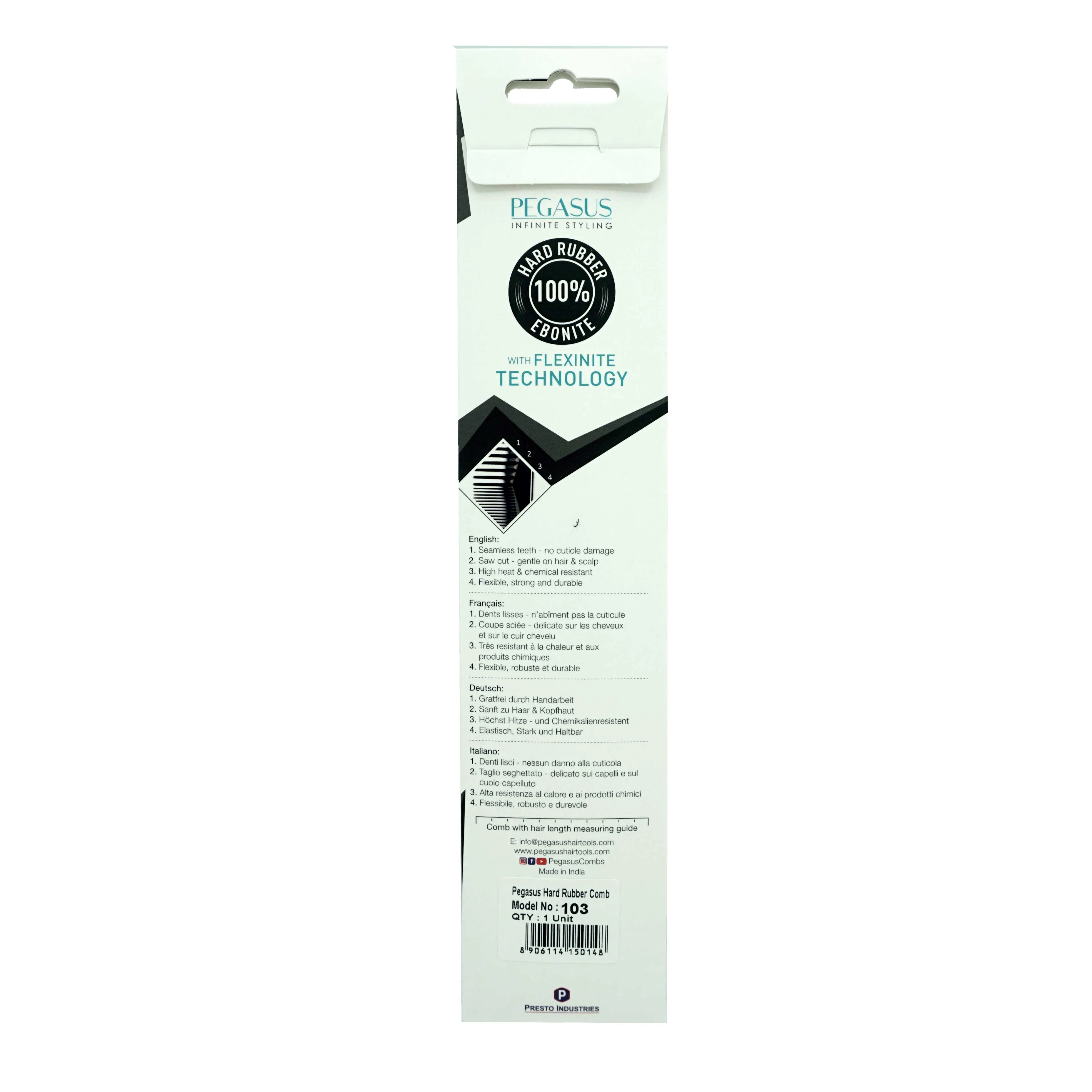 Pegasus 103, 9.5in Hard Rubber Fine Tooth Pintail Comb, Smooth Edges, Anti Static, Heat and Chemically Resistant, Stainless Steel Pin, Great for Parting, Coloring Hair | Peines de goma dura - Black