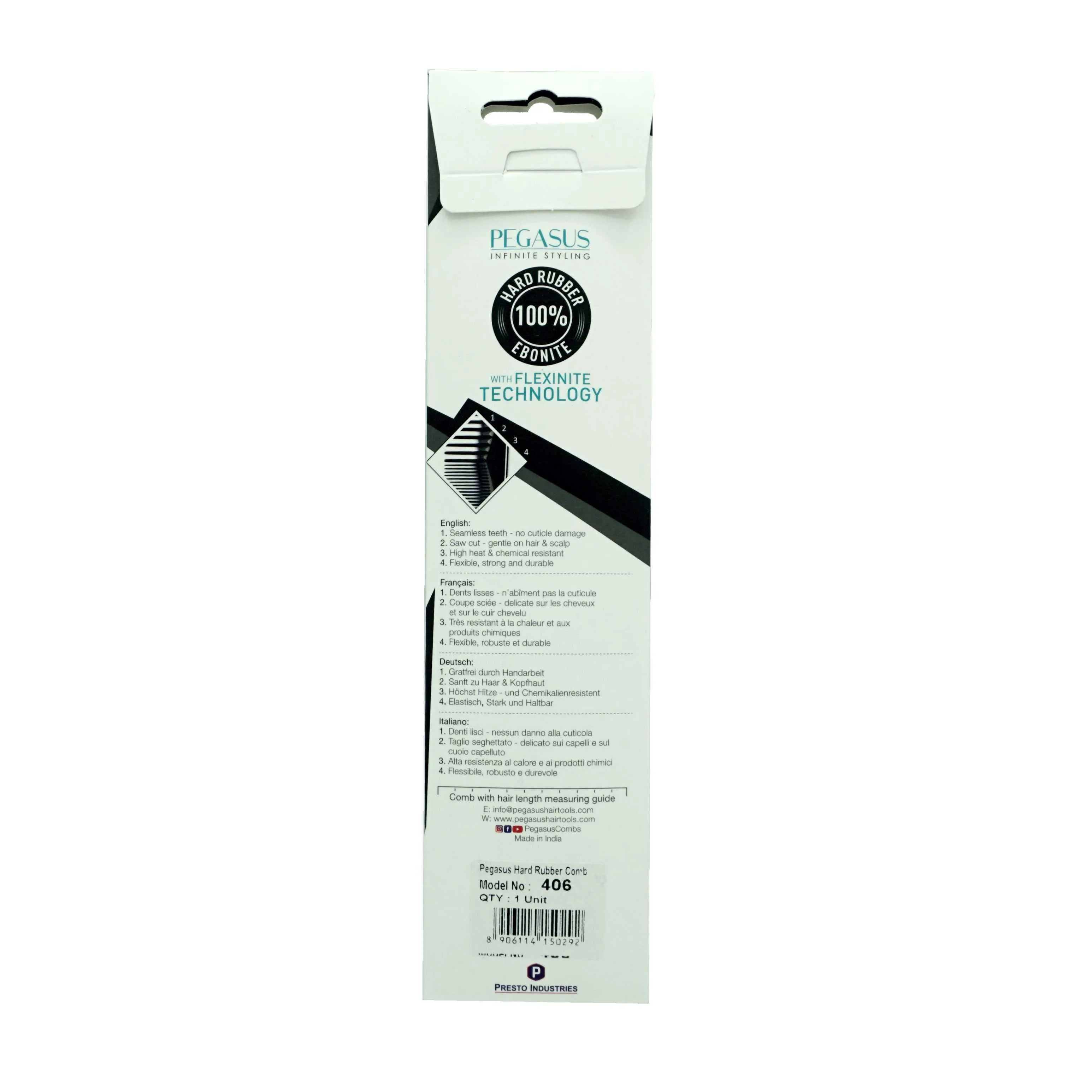 Pegasus 406, 7in Hard Rubber Wide Tooth Styling Comb, Handmade, Seamless, Smooth Edges, Anti Static, Heat and Chemically Resistant, Wet Hair, Everyday Grooming Comb | Peines de goma dura - Black