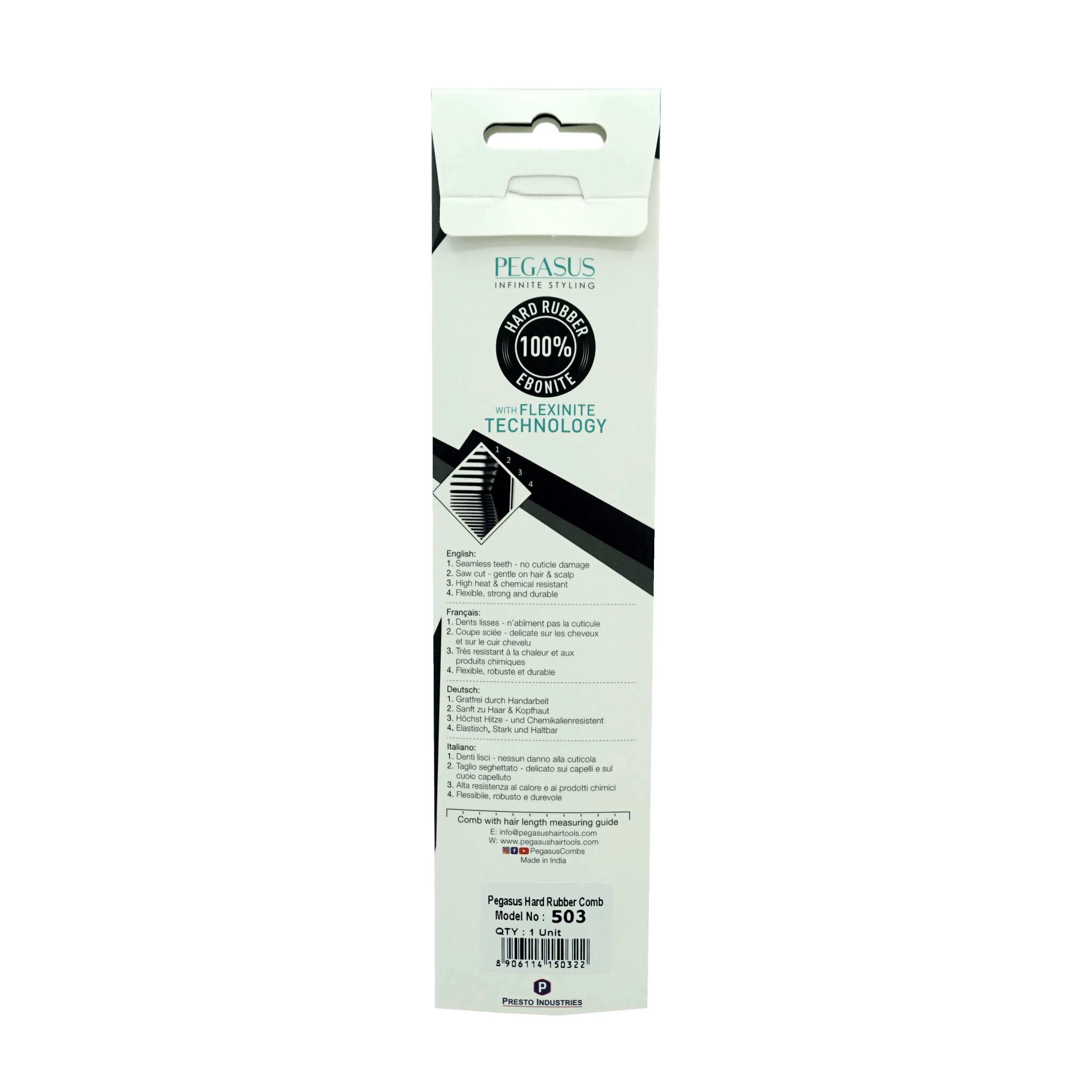 Pegasus 503, 8.5in Hard Rubber Handle Comb, Handmade, Seamless, Smooth Edges, Anti Static, Heat and Chemically Resistant, Wet Hair, Everyday Grooming Comb | Peines de goma dura - Black