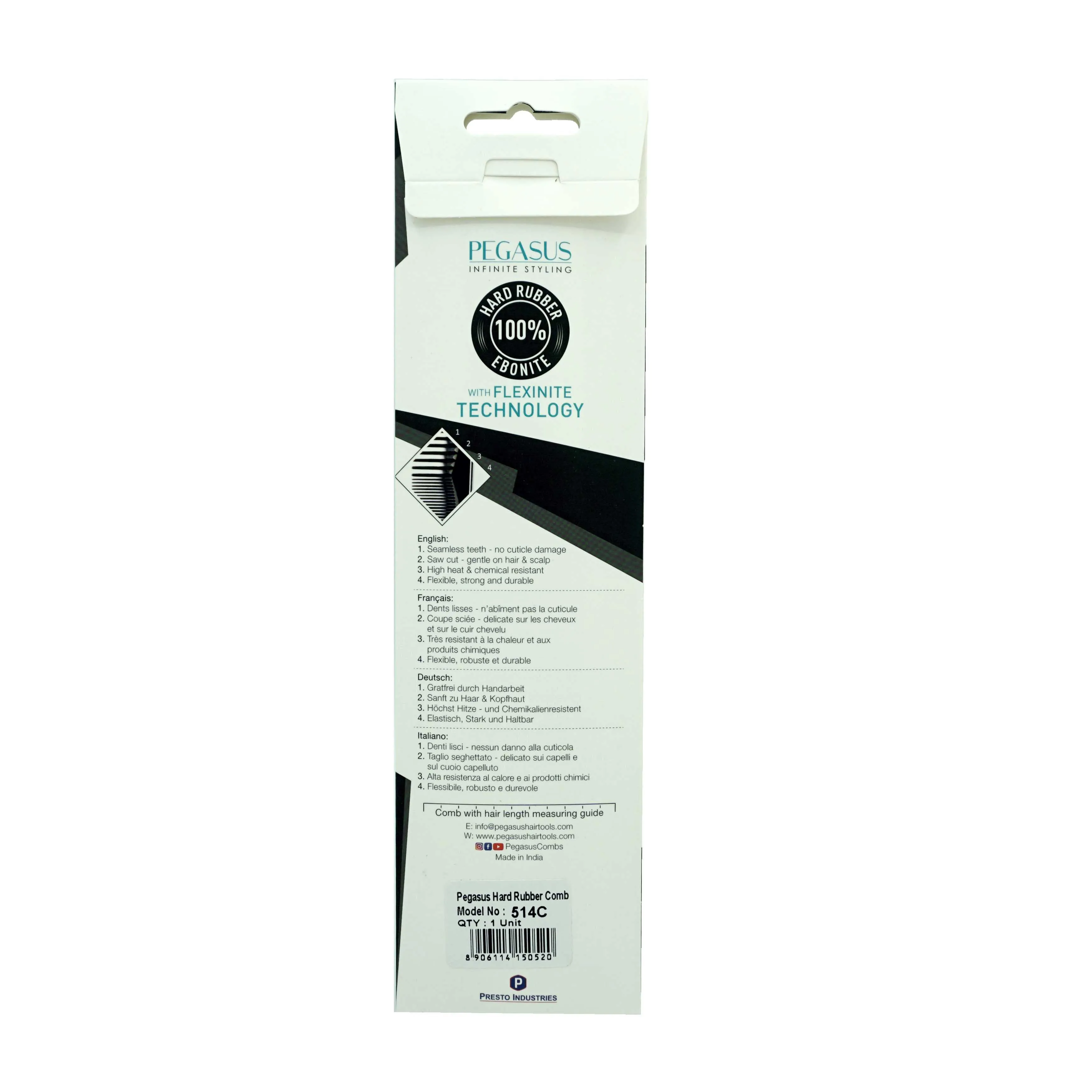 Pegasus 514C, 8.75in Hard Rubber Course Tooth Flattop Butch Comb, Handmade, Seamless, Smooth Edges, Anti Static, Heat and Chemically Resistant Comb | Peines de goma dura - Black