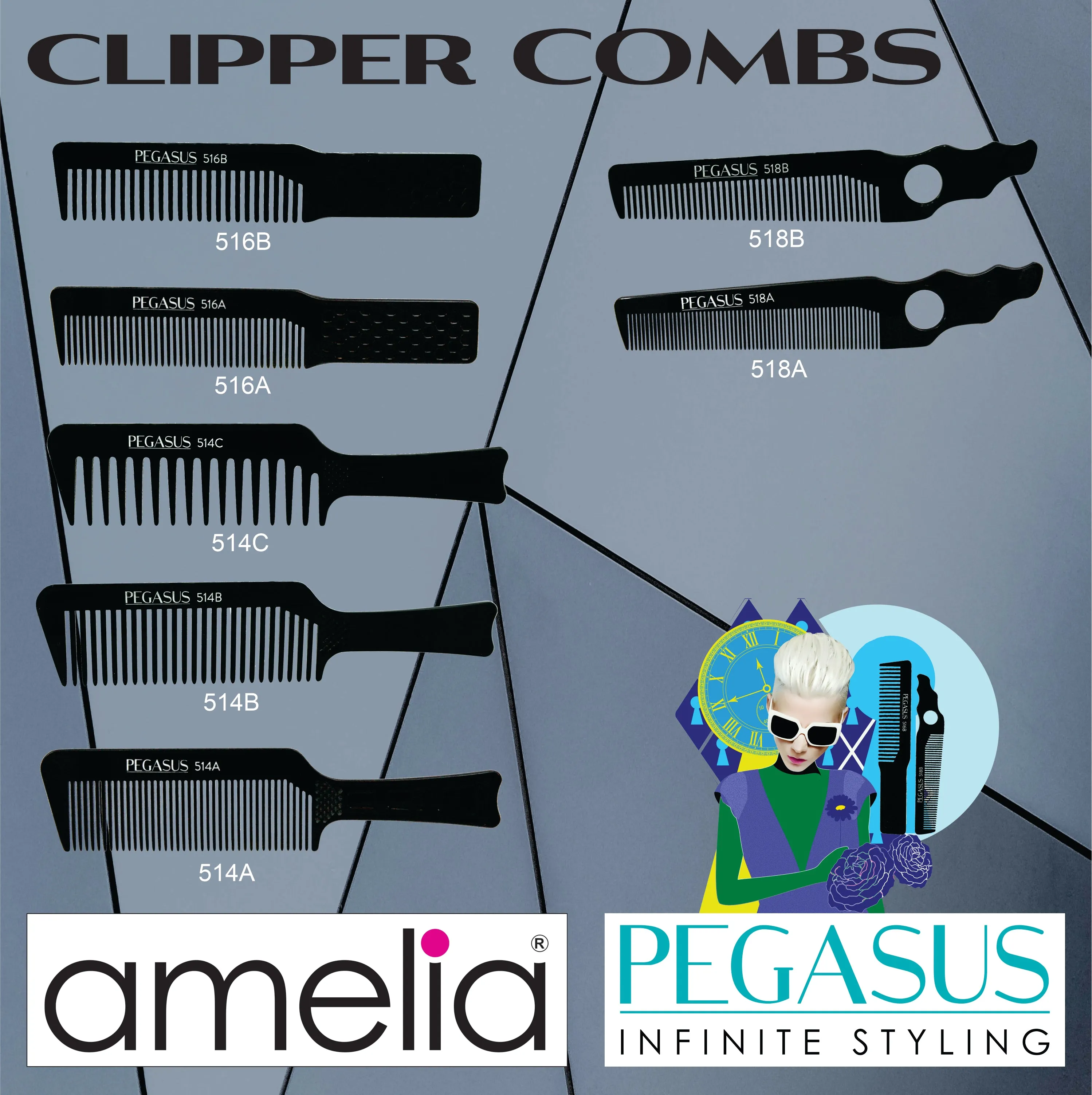 Pegasus 514C, 8.75in Hard Rubber Course Tooth Flattop Butch Comb, Handmade, Seamless, Smooth Edges, Anti Static, Heat and Chemically Resistant Comb | Peines de goma dura - Black