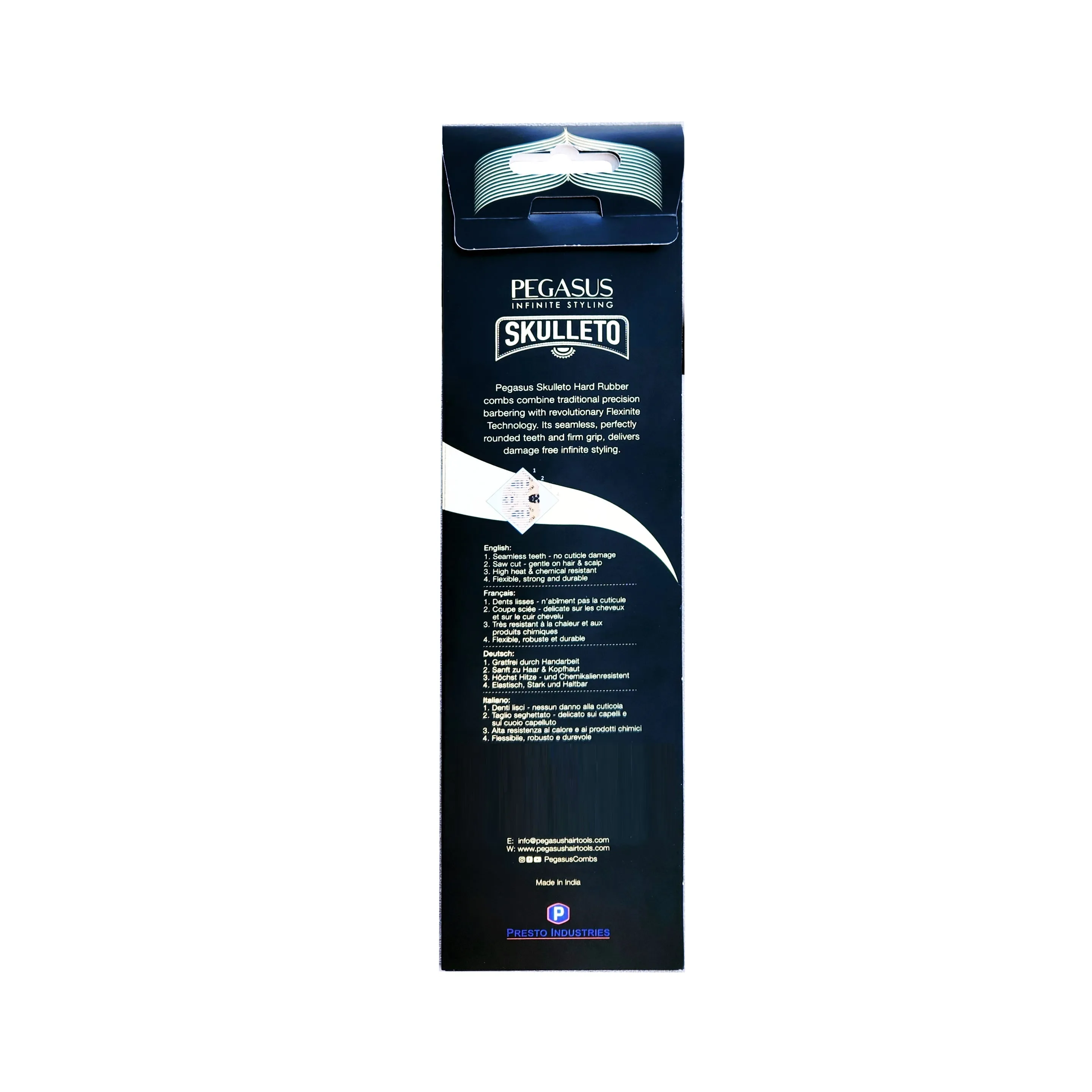 Pegasus Skulleto 302, 7in Hard Rubber Barber Comb with Extra Fine Teeth, Seamless, Smooth Edges, Anti Static, Heat and Chemically Resistant, Wet Hair, Everyday Grooming Comb | Peines de goma dura - Silver