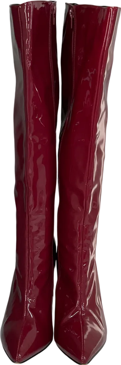 PrettyLittleThing Cherry Red Point Toe Patent Pu Angled Edge Knee High Heeled Boots UK 9 EU 42 👠