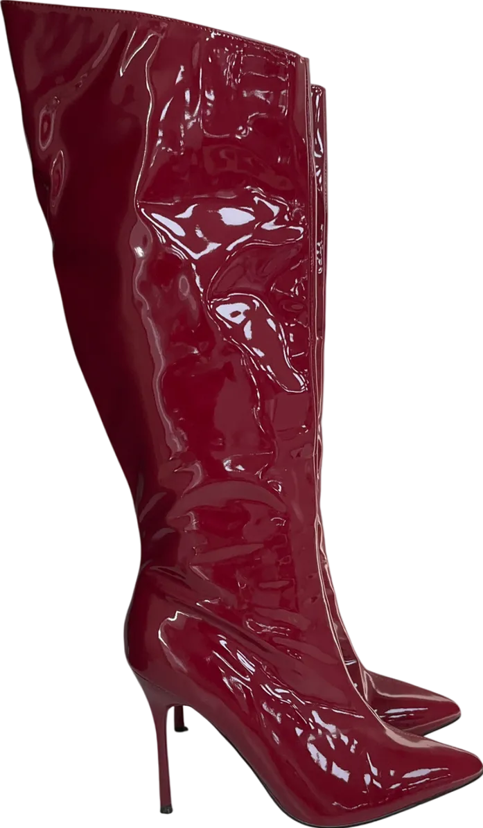 PrettyLittleThing Cherry Red Point Toe Patent Pu Angled Edge Knee High Heeled Boots UK 9 EU 42 👠