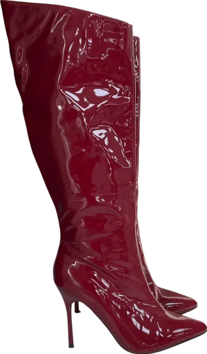 PrettyLittleThing Cherry Red Point Toe Patent Pu Angled Edge Knee High Heeled Boots UK 9 EU 42 👠