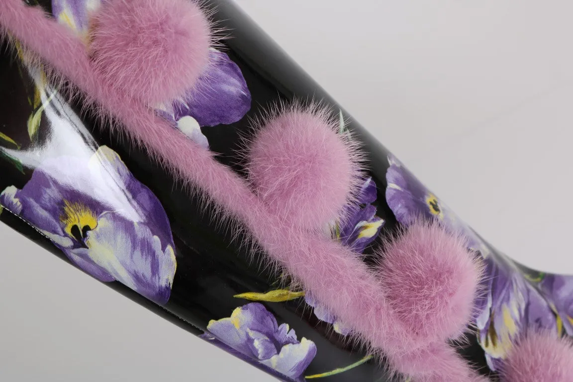 Purple Tulip Print Leather Fur Boots