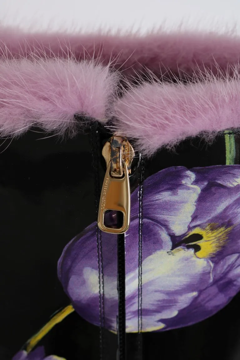Purple Tulip Print Leather Fur Boots