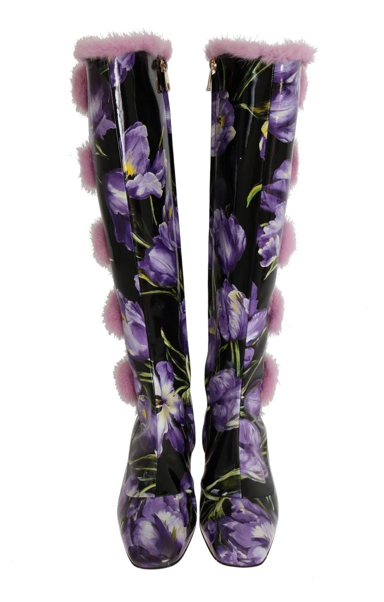 Purple Tulip Print Leather Fur Boots