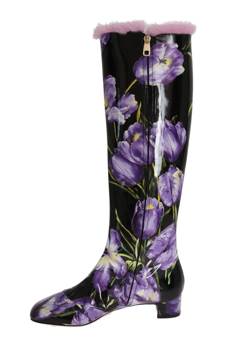 Purple Tulip Print Leather Fur Boots