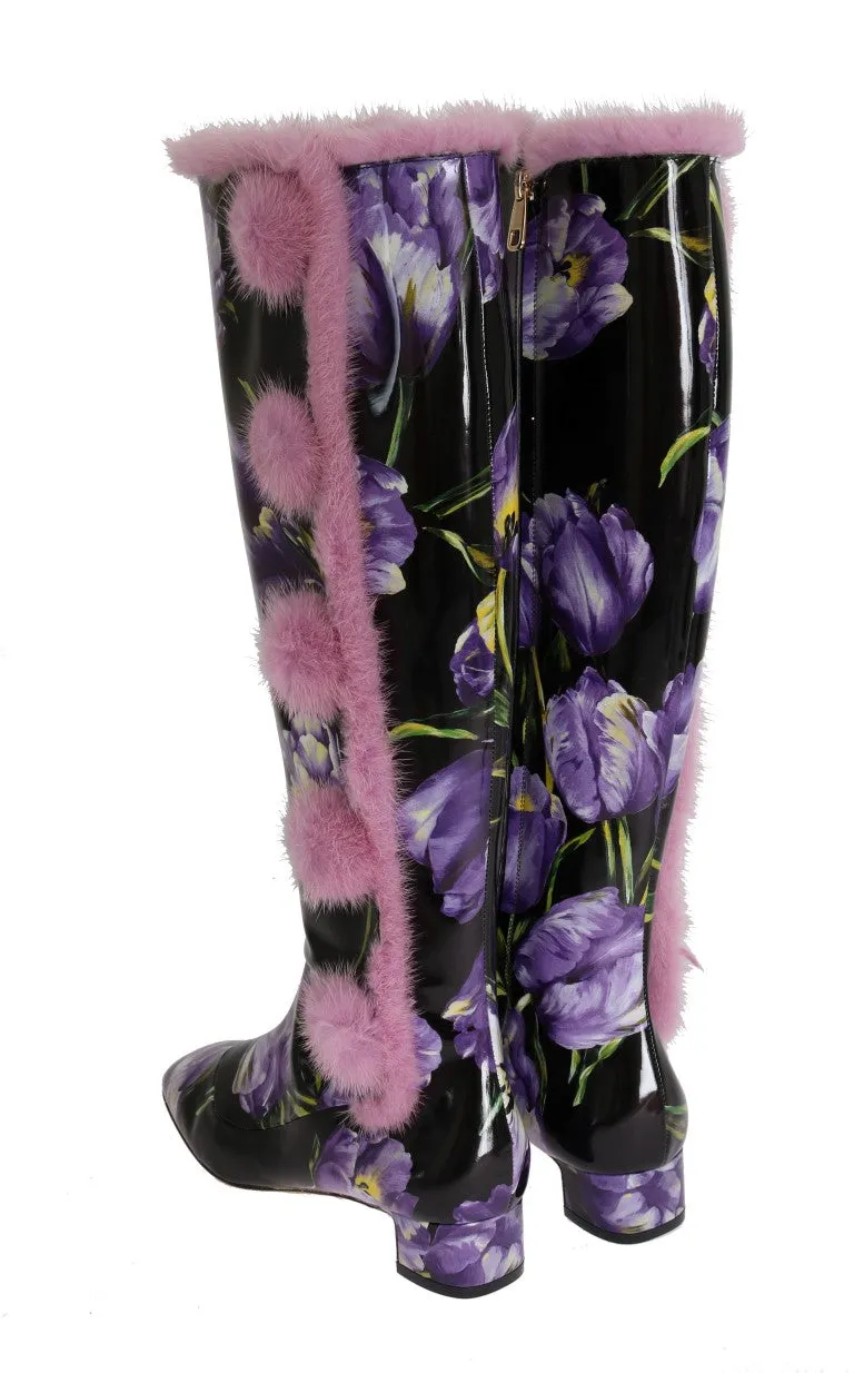 Purple Tulip Print Leather Fur Boots