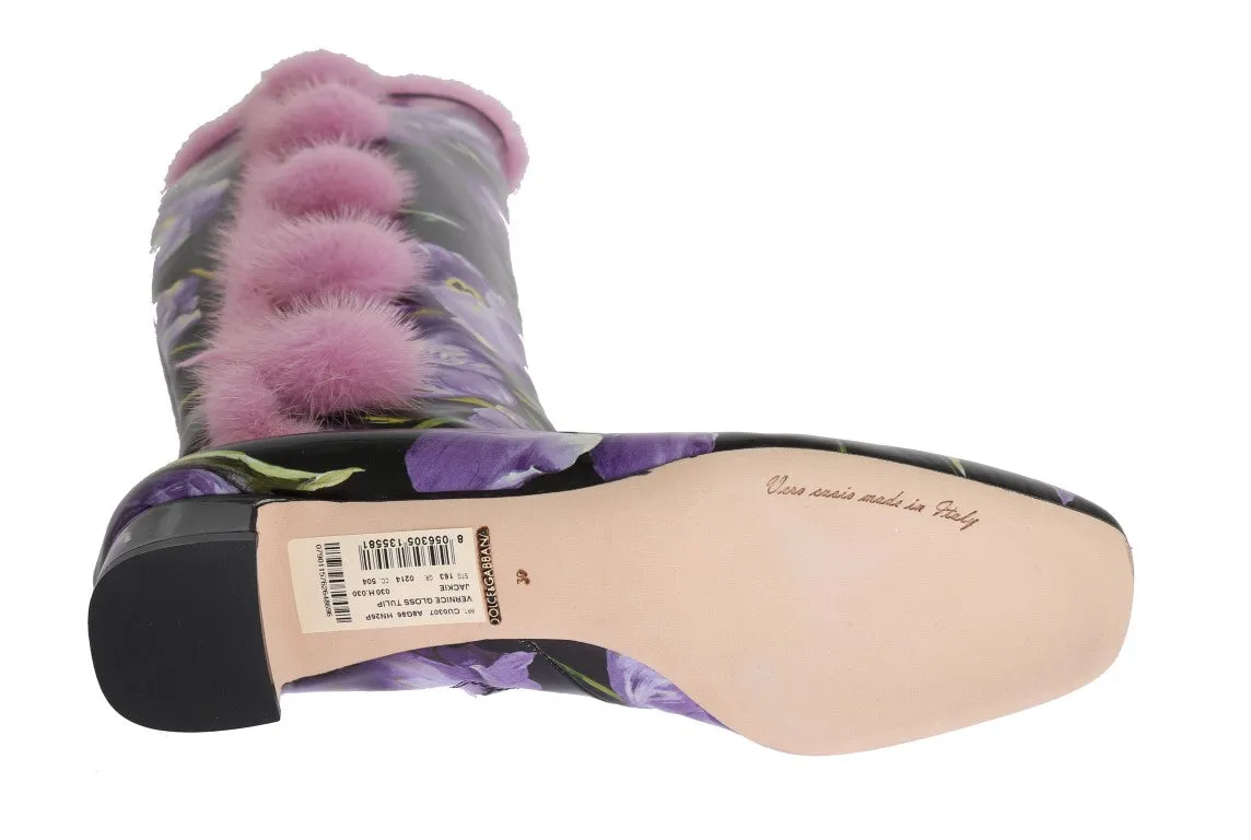 Purple Tulip Print Leather Fur Boots